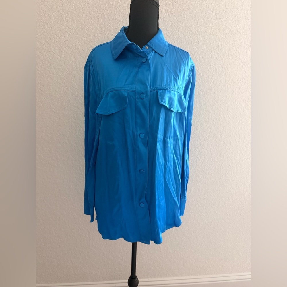 Bershka Cyan Oversized Shirt Jacket | Pocket Button Down Shacket Blouse